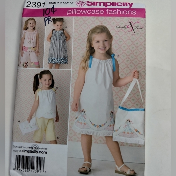 Simplicity Sewing Pattern 2391 Girls Pillowcase Dress Top Pants Bag Size 3-8 - Picture 1 of 2